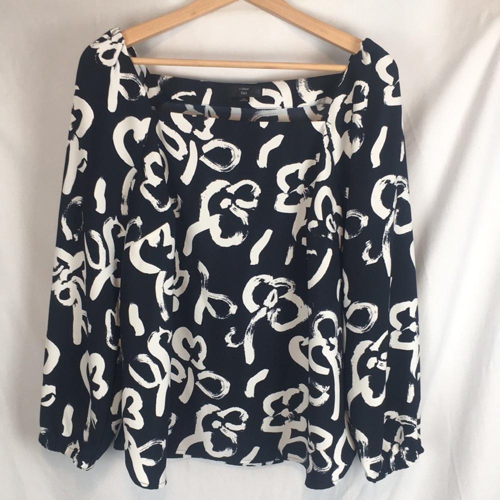 Women's J Crew 365 Blue Floral White Mod Brushstroke Square Neck Top Size 16